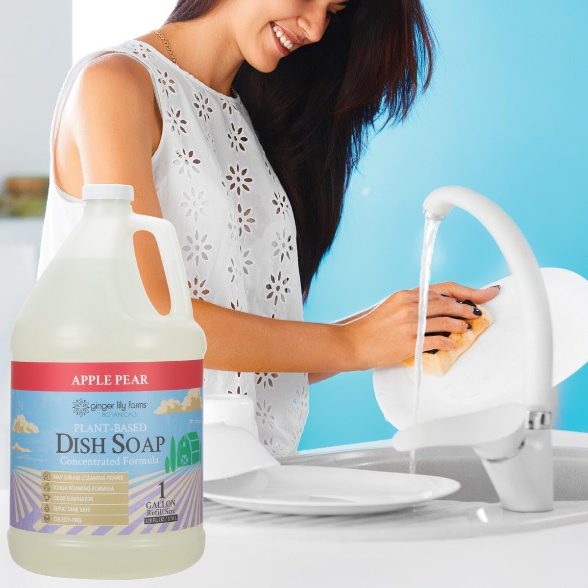 Ginger Lily Farms Botanicals Plant-Based Liquid Dish Soap, Concentrated Formula with Max Grease Cleaning Power, Cruelty-Free, Apple Pear Scent, 1 Gallon Refill (128 Fl. Oz.)
