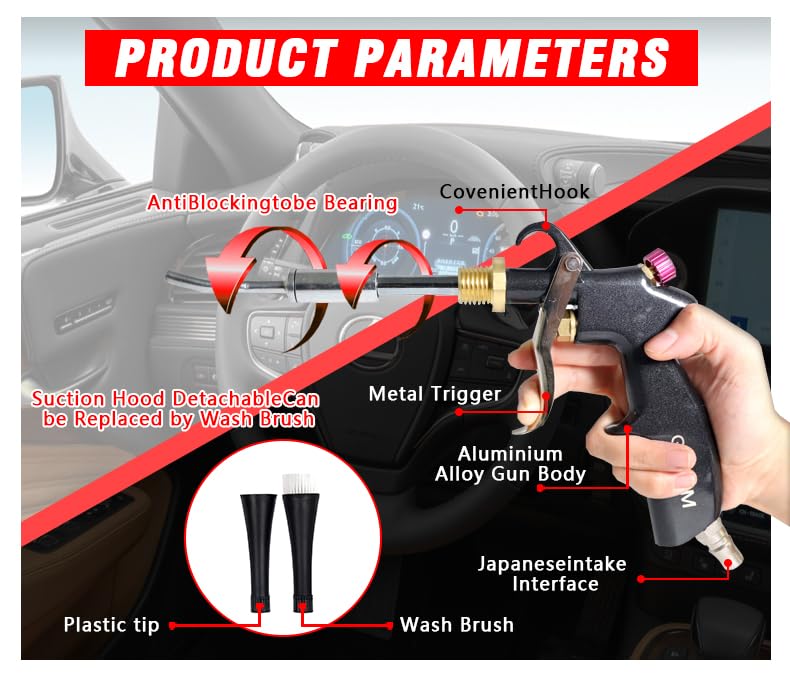GZ-KJM Air Blow Gun Car Interior Cleaning Gun High Pressure Car Detailing Cleaning Tool with Nozzle and Auto Detailing Dusting Brush for Quickly Blasts Dirt and Dust from Surface