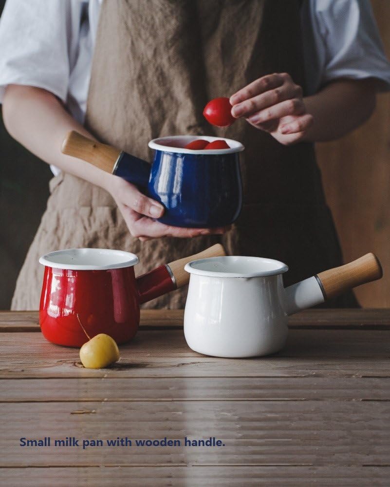Mini Enamel Milk Pot 4 Inch 17 Oz Dual spout with Wooden Handle, Small Sauce Pan Perfect Size for Heating Smaller Liquid Portions (Red)