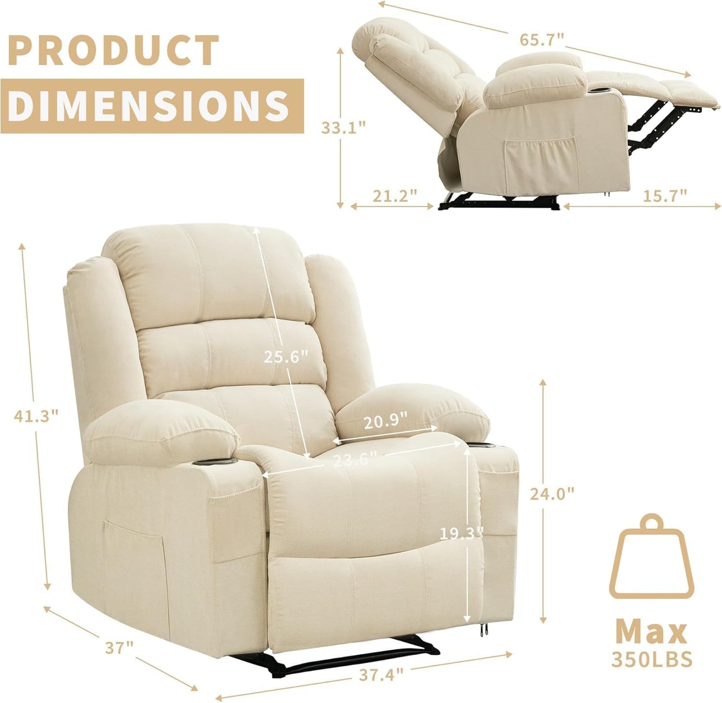 Massage Rocker Recliner Chair, Ergonomic Rocking Lounge Chair with Heat and Vibration for Living Room, Reclining Sofa with 2 Side Pocket, 2 Cup Holders(White)