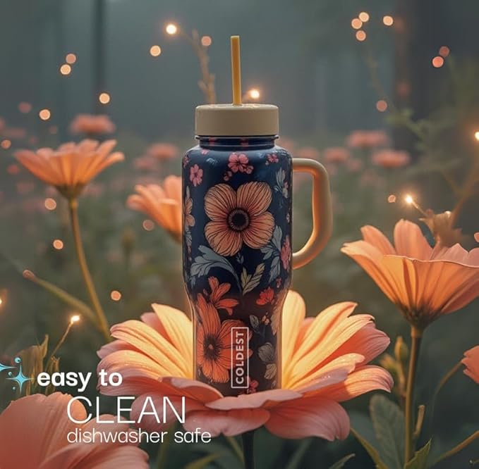 Coldest Tumbler with Handle and Straw - 100% Spill Proof Tumbler with Straw (3 Lids) - Stainless Steel Insulated Leakproof Tumblers for Women & Men - Cup Holder Friendly - 36 oz (Tulip Nova)