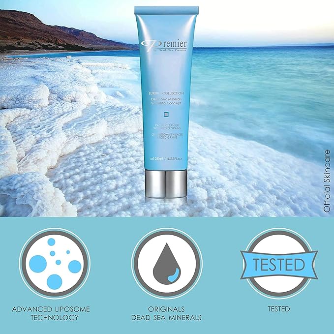Premier Dead Sea Facial Cleanser with Micro Grains, Luxury collection foaming face wash, daily use skin care, nondrying, anti-aging Skin Care with aloe vera, witch hazel, Dermatologist Tested 4.4fl oz