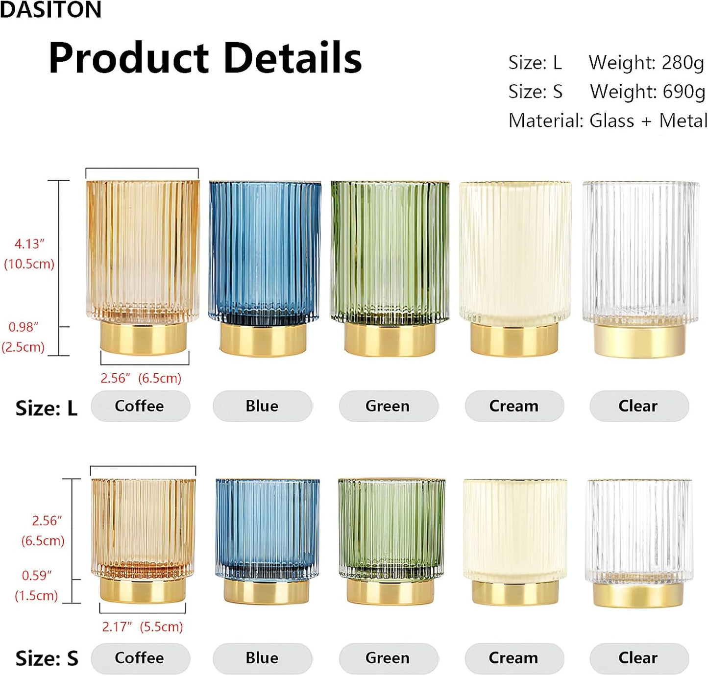 DASITON Makeup Brush holder Organizer,Crystal Cosmetic Makeup Brush Glass Brushes Storage Holder, Vintage Make Up Brush Cup Pen Pencil Holder striped vase(Coffee S+L)