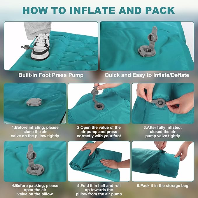 Camping Sleeping Pad with Pillow: Extra Thick 4.7 Inch Ultra-Light Self Inflating Air Mattress, Portable Comfortable Extendable Inflatable Sleep Mat for Car Traveling and Hiking (Peacock Blue)