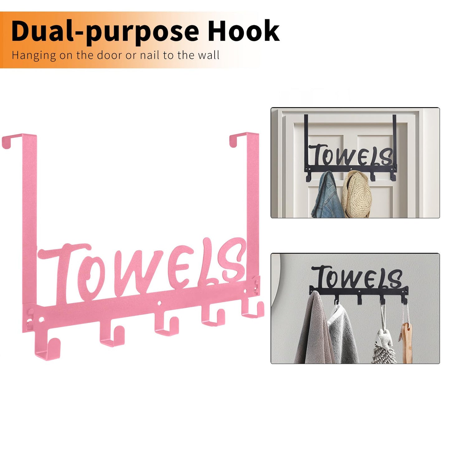 Gohiuo Over The Door Hook - 5 Coat Hooks Towel Rack for Bathroom & Bedroom (Pink)