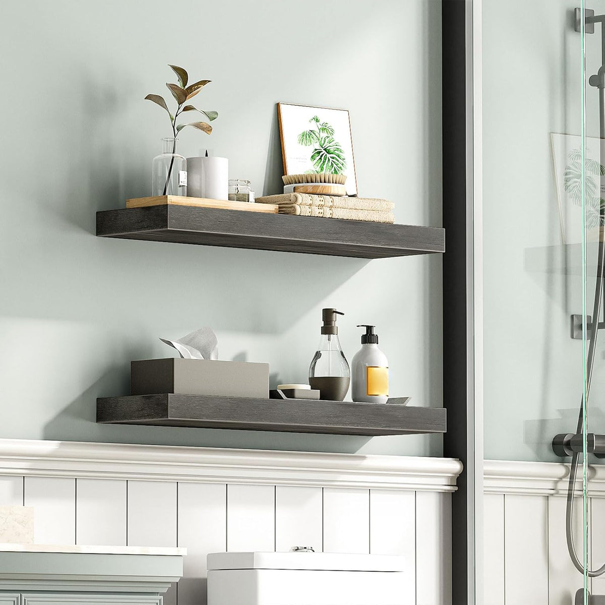 HOOBRO Floating Shelves for Wall, Wall Mounted Shelf Set of 2, 23.6" Hanging Shelf with Invisible Brackets, for Wall in Bathroom, Bedroom, Toilet, Kitchen, Living Room, Office, Charcoal Gray BC60BJ01