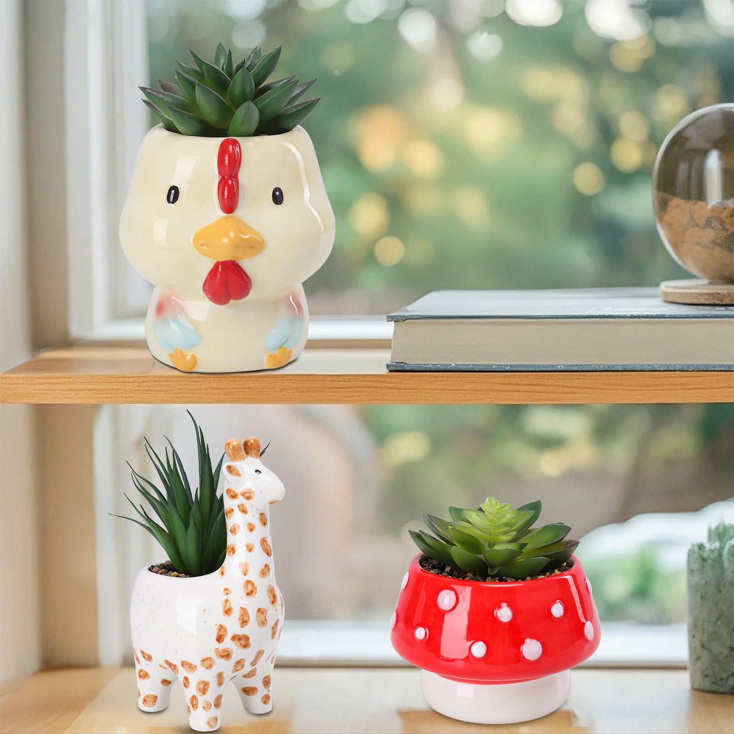 Chonsun Set of 3 Small Fake Succulent Plant in Cute Animal Ceramic Pot Small Artificial Succulent Plants Desk Plant for Home Office Shelf Decor