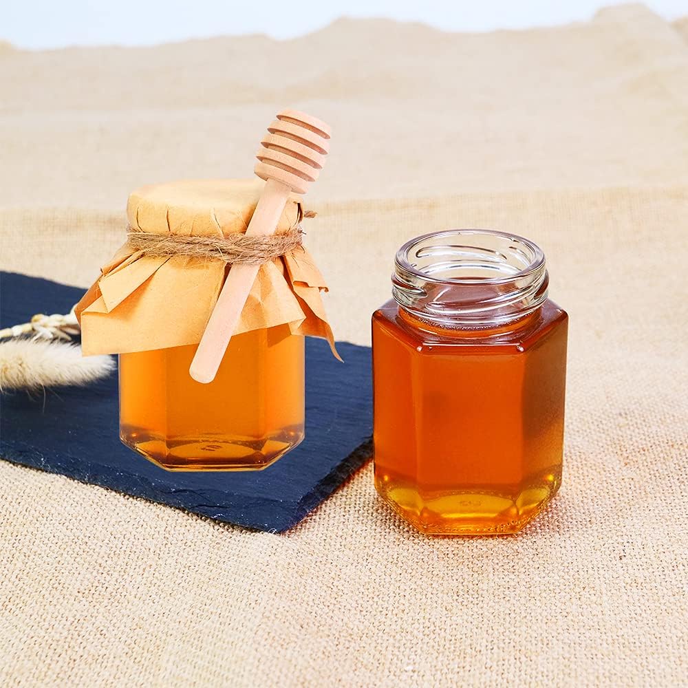 24 Pack 4oz Glass Hexagon Honey Jars Golden Lids -Wooden Honey Dipper, Bee Charms, Tag String, Gold Gift Bags, Thank You Gift Tags, Wedding Favors Baby Shower Party (Gold 24 bags)
