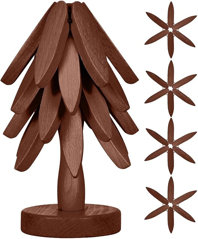 Wooden Cup Coaster Set,Tree Shape Trivet Set,Tree Coasters- 4 Wooden Trivets + 1 Stand stored for hot Dish/Pot/Bowl/teapot/hot Pot Set (Brown)