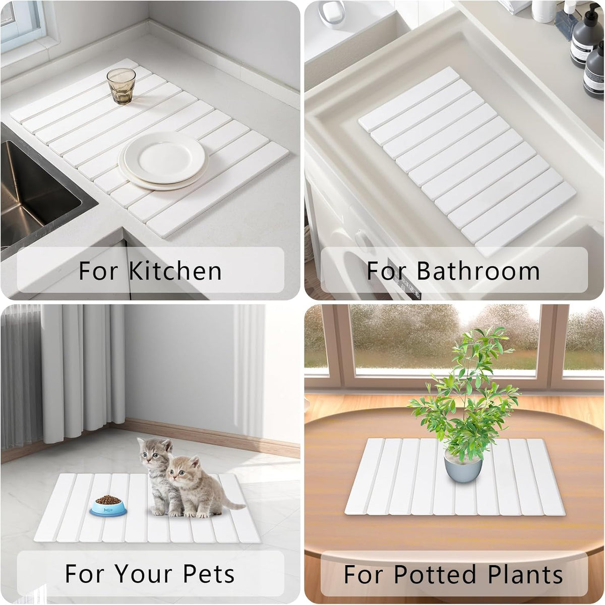 Large Stone Drying Mat for Kitchen Counter, 24''L x 16''W Diatomaceous Earth Collapsible Dish Drying Mat, Quick Drying Mat for Dishes, Bottles and Cups, Matches Any Countertop (White)