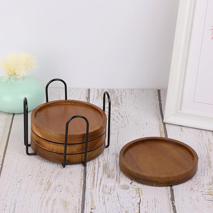 4 Pcs Wood Coasters for Drinks Absorbent, Wooden Coasters with Holder, Drink Coasters for Coffee Table, Absorbent Coaster Set for Table Protection Drink Coasters for Farmhouse, Office, Bar
