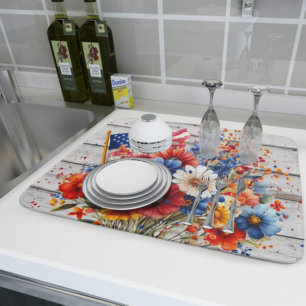 4th of July Dish Drying Mat 18x24 inch Patriotic Floral Fast Dry Microfiber Reversible Dish Drainer Rack Pad Kitchen Counter Accessories