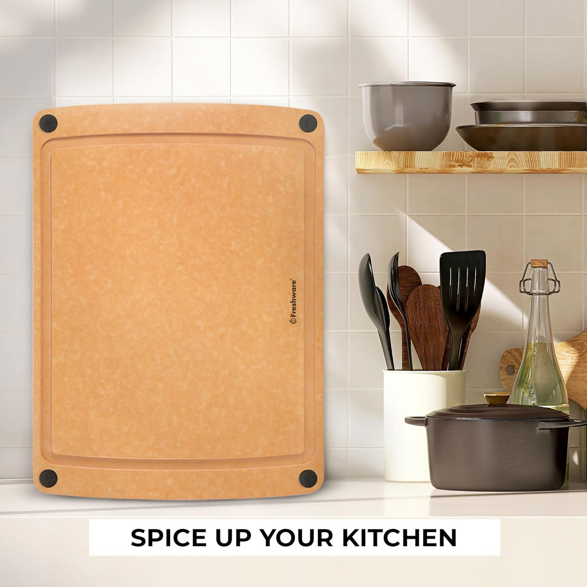 Freshware Wood Cutting Board for Kitchen, Juice Groove, Non-Slip Silicone Feet, Dishwasher Safe, 2X Large, 20" x 14", Natural