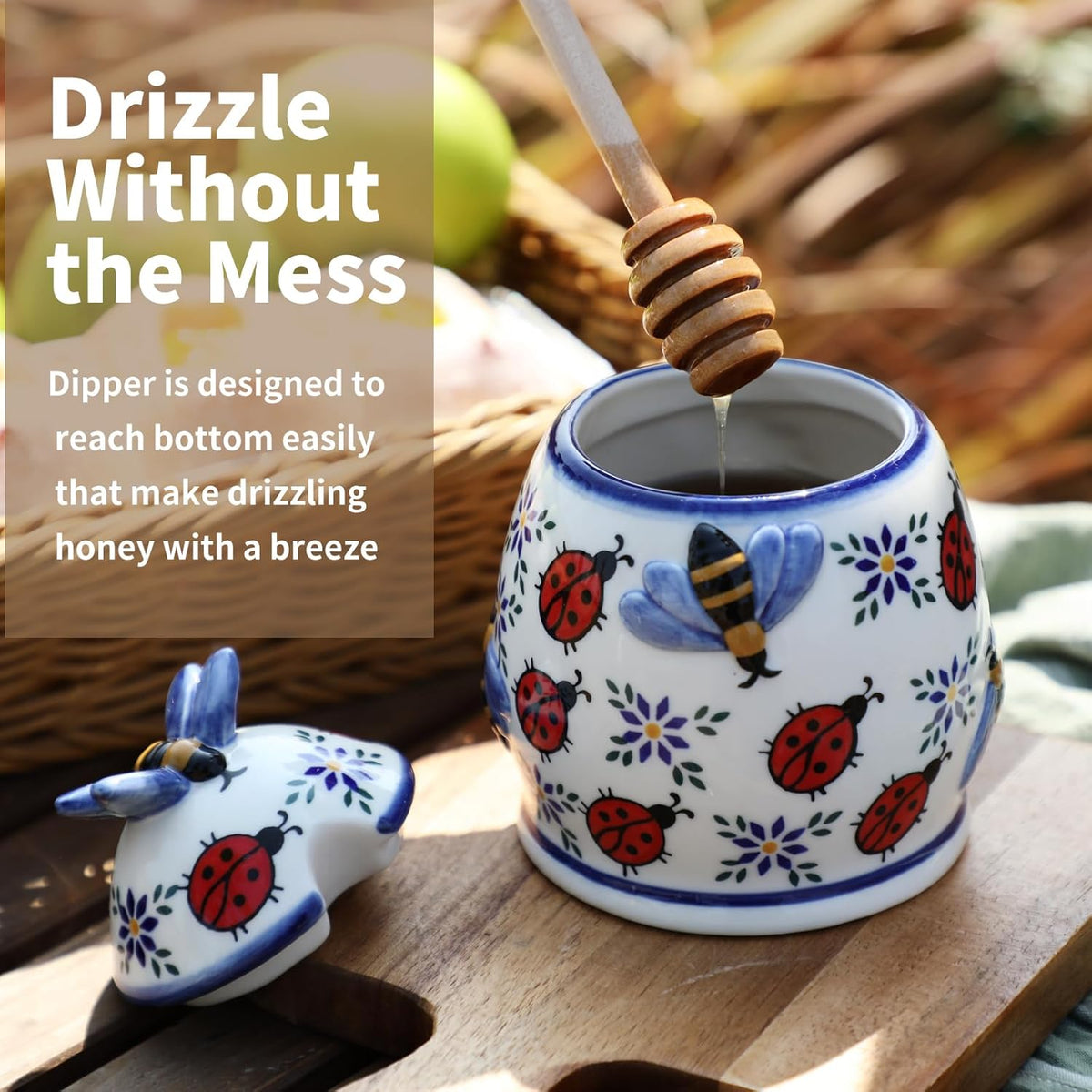 ZOOBEE 10oz Ceramic Honey Jar with Dipper Stick,Handpainted Honey Container for Storing Syrup,Small Mini Honey Pot with Bees,Disherwash Safe-Hidden Nook