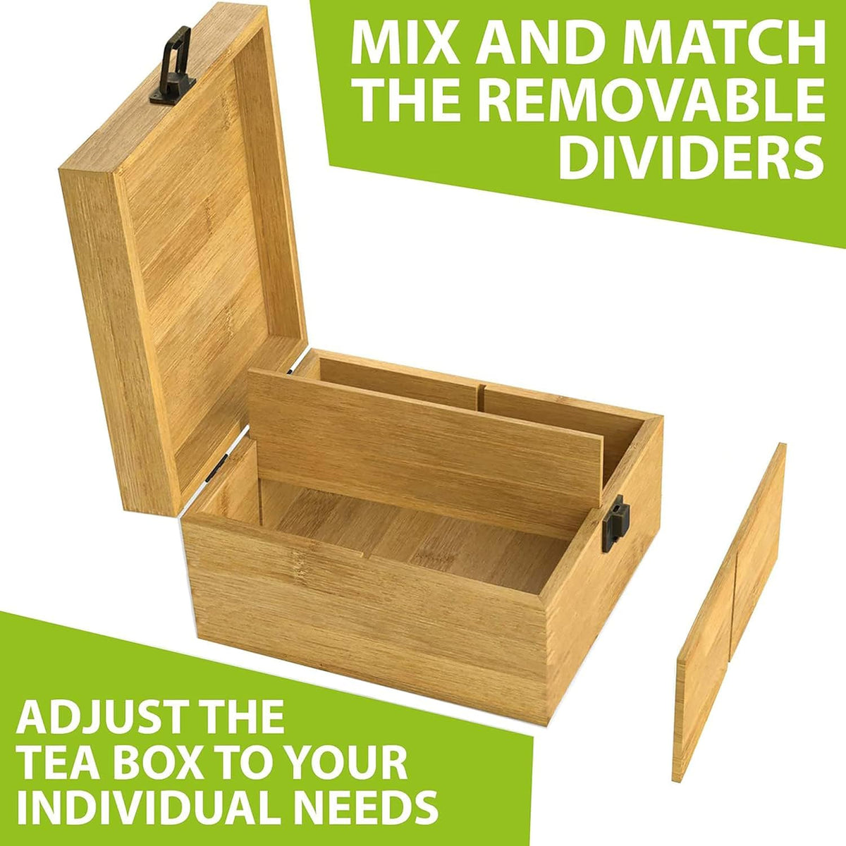 Bamboo Tea Organizer Box Chemical Free Big, Tall, Adjustable Cubbies Natural Wooden Storage Chest (4-Slot Square 7.4" x 8.1" x 4.2" Blank)
