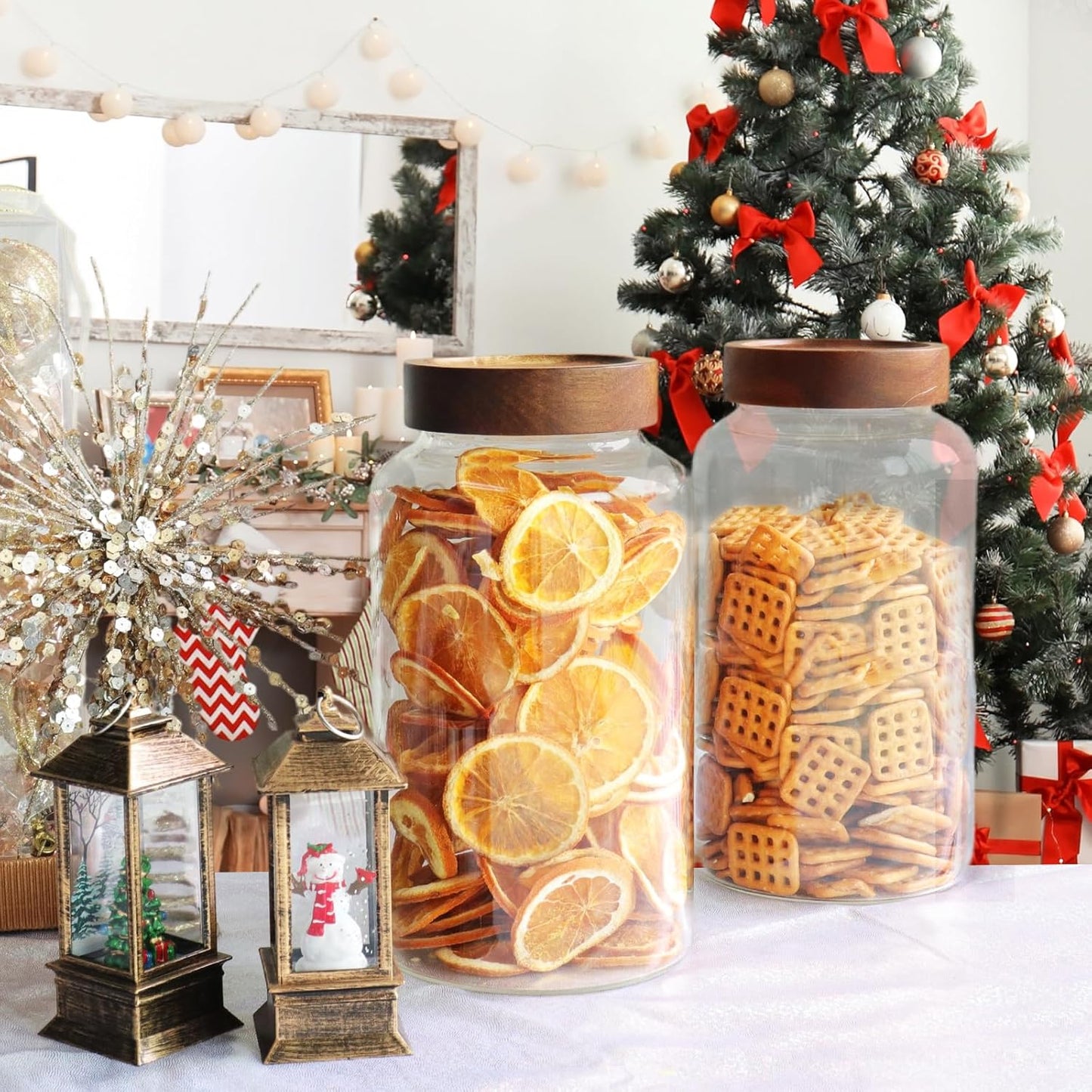 Glass Coffee Jars Spice Jar Round Storage Canister with Wooden Lid Clear Glass Food Jar for Pantry Sugar Tea Coffee Bean Spice Nuts Cookies Bath Salts (2300ml/77oz-2PACK(with spoon))