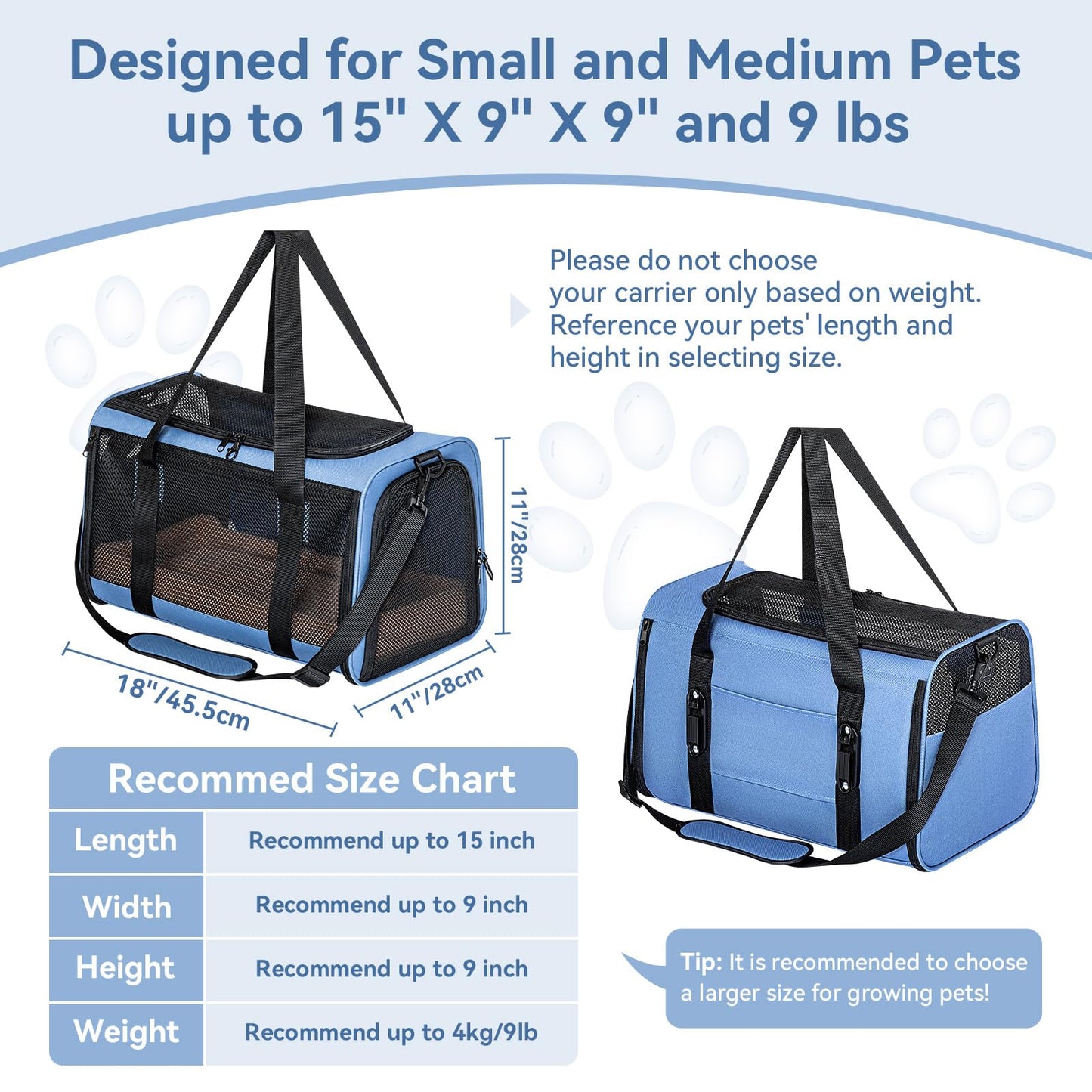 PETSFIT Soft-Sided Cat Carriers & Car Seats with Patent Safe Buckles, Clip-On Harness,18"x11"x11" Airline Approved Pet Carrier - 9 lbs Capacity (Blue)