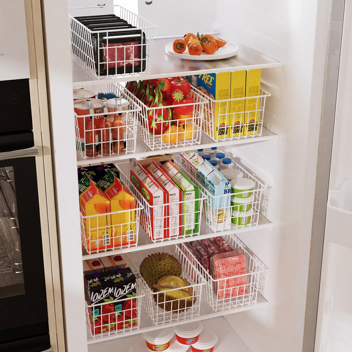 Orgneas Freezer Organizer Bins, Upright Freezer Basket Drawer Organizer Bins, Better Air Circulation Metal Wire Storage Container Bin For Chest Deep Freezers, Easy Sort & Get Food, 2 Large 2 Medium
