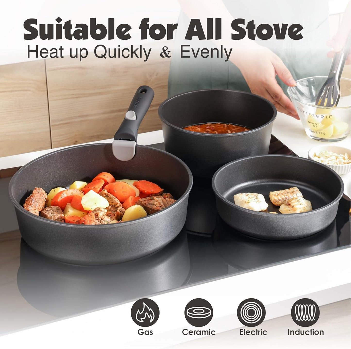 SENSARTE 17 Piece Pots and Pans Set, Nonstick Detachable Handle Cookware Set, Induction Kitchen Cookware Set with Removable Handle, Healthy Non Stick for RV, Dishwasher & Oven Safe, PFOA Free (Black)