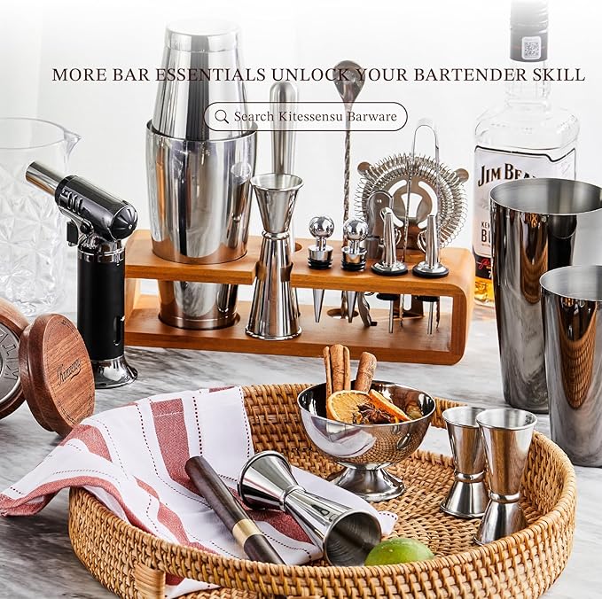 KITESSENSU Cocktail Shaker Set with Carry Case: Vacuum Insulated Martini Shaker with Built-in Strainer, 2 Martini Glasses, Measuring Jigger, Bar Mixing Spoon & Cocktail Recipes, Travel Bar Tool Set