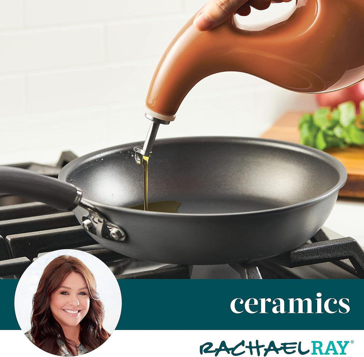 Rachael Ray 48466 Ceramic EVOO Oil and Vinegar Dispensing Bottle with Spout, 24 Ounce - Pumpkin Orange