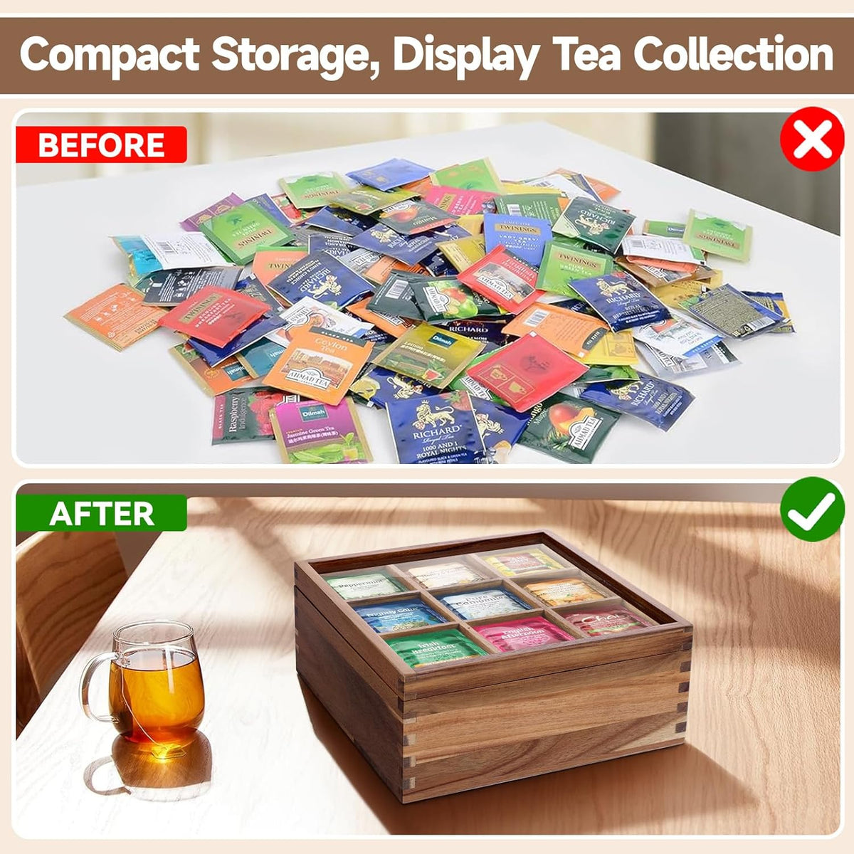 ANMINY Acacia Wood Tea Bag Organizer with Acrylic Clear Top, 10MM Thick Wooden Tea Storage Box with 9 Compartments, Teabag Holder Tea Caddy Chest for Countertop Kitchen Home Office