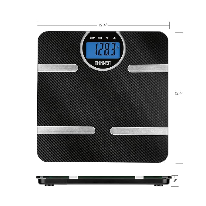 Thinner by Conair Scale for Body Weight, Digital Bathroom Scale with Body Fat, Muscle and BMI in Black