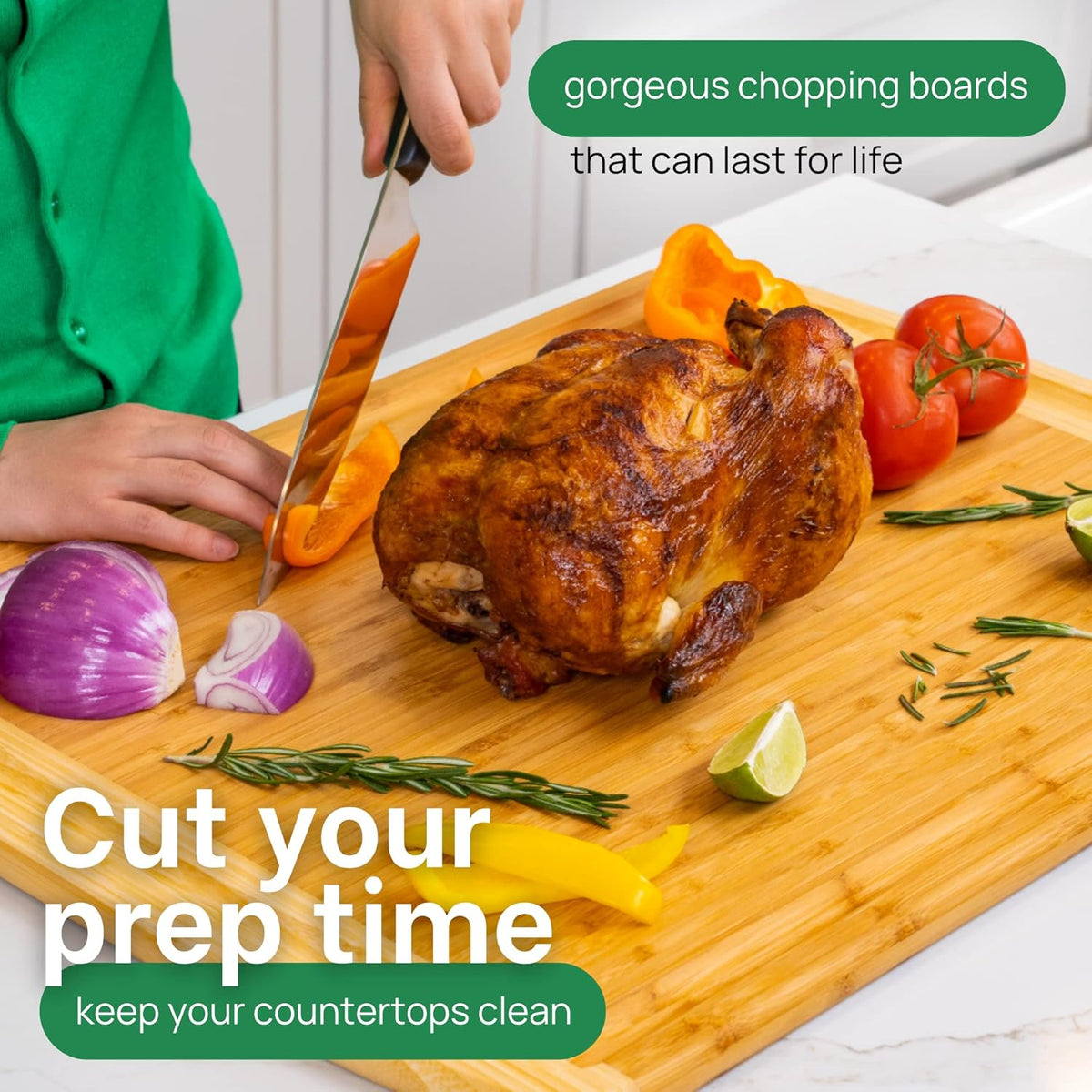 GREENER CHEF 24 Inch Bamboo Cutting Board with Lifetime Replacement - 2XL Extra Large Wooden Butcher Block for Kitchen, Stove Top, Meat, Vegetables, and Charcuterie with Deep Juice Grooves