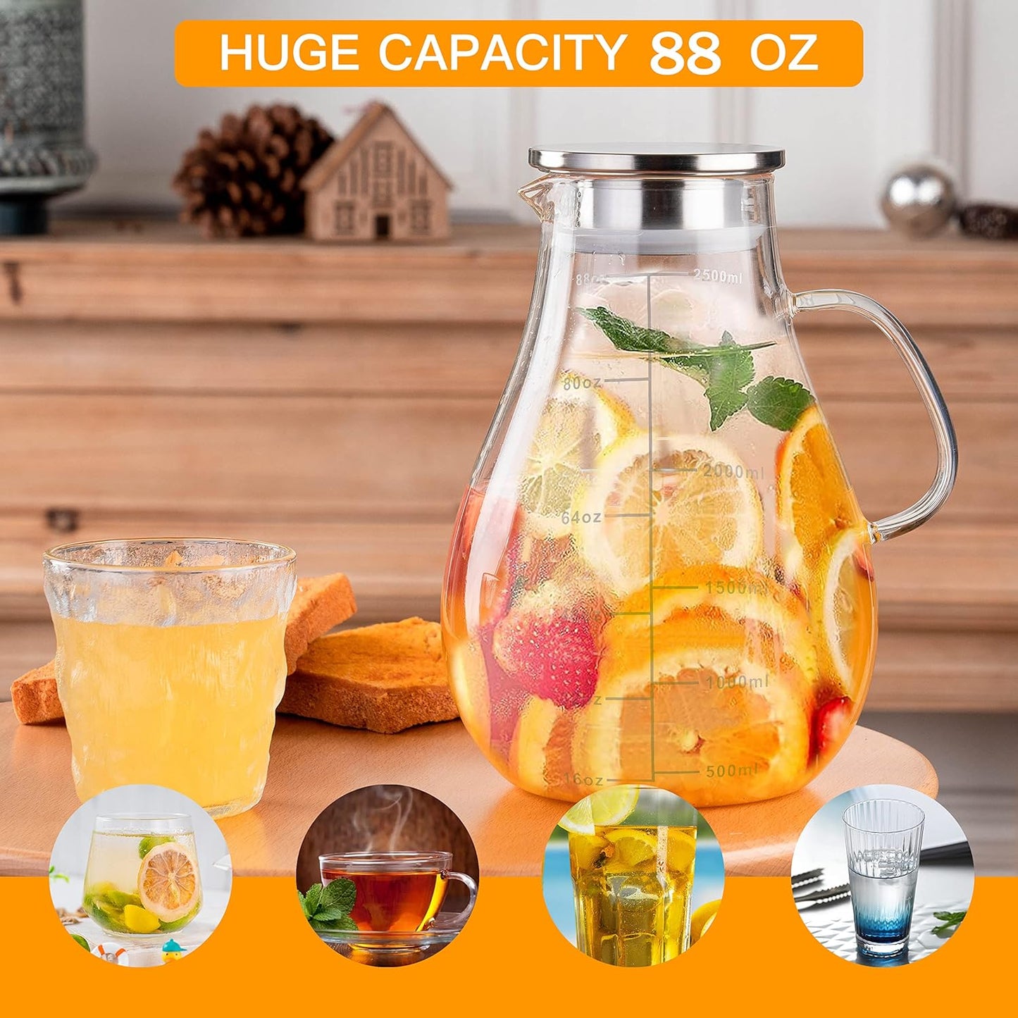 Glass Pitcher with Lid,88 Ounces -2500ml with Precise Scale Line, Hot/Cold Water Jug, Juice and Iced Tea Beverage Carafe with Lid