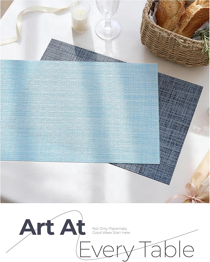 Leetaltree Soft Sky Blue Woven Placemats Set of 4 - Heat Resistant Non-Slip Place mats for Dining Table, Washable Durable PVC Vinyl Woven Table Mats(Sky Blue, 4)