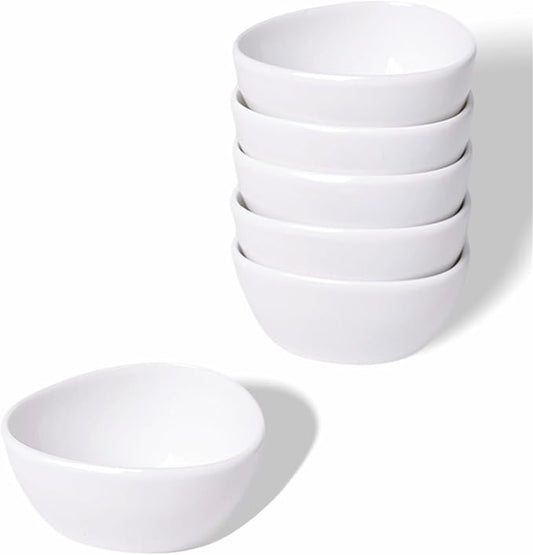 LEETOYI Mini Ceramic Ramekins Souffle Dishes 1.5 OZ, Small Dipping Bowls, Sauce Dip Bowls for Kitchen Serving Sauce Condiments, Oven & Microwave Safe, Set of 6, White