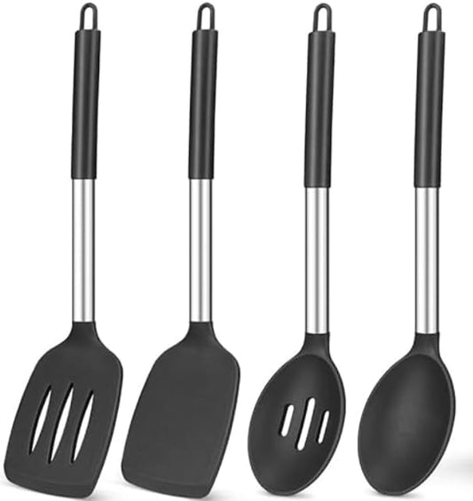 Pack of 4 Silicone Cooking Utensils Set, Non Stick, Heat Resistent Large Solid Spatulas, Slotted Spoons, BPA Free, Kitchen Turners for Frying, Mixing,Serving,Draining,Turning,Stirring