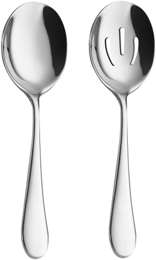AOOSY 2 Pieces Stainless Steel Flatware Serving Sets, 8.7-Inch Long Handle Slotted Spoons and Serving Spoons for Buffet, Banquet, Cooking, and Kitchen
