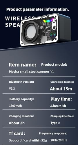 Bluetooth Wireless Speaker with LED Lights, Portable Outdoor Speaker with TF Card Support, 3D Surround Sound, Dual Pairing, Transparent Mecha Design (Blue)