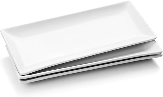 WishDeco Serving Platters Set of 3, Large Serving Trays 14 inch, White Serving Plates, Ceramic Rectangle Plate, Long Platter for Cake, Sushi, Steak, Dessert, Buffet