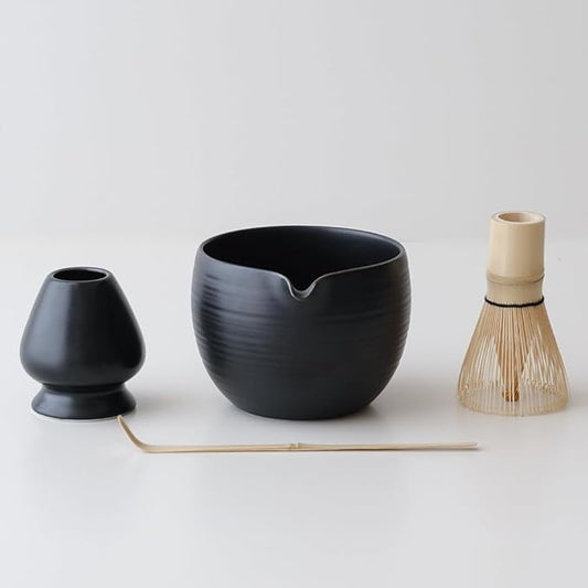 WENSHUO Matcha Whisk Set, Ceramic Matcha Bowl & Whisk Holder, Bamboo Accessory, Modern Design (Matte Black, Pouring Spout)