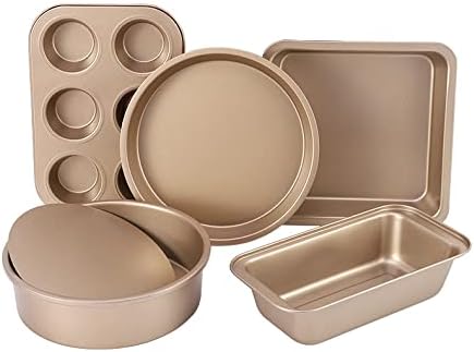 5-Piece Toaster Oven Baking Pan Set – Compact Nonstick Bakeware for RV, Camper & Small Kitchens – Muffin, Loaf, Pizza, Cake & Square Pans Gold (Gold)