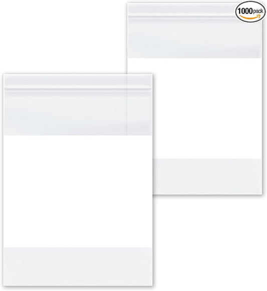 PSBM 1000 Count 4 Mil 10 Inch x 13 Inch, White Block Reclosable Poly Bags, With Write-On Block, Clear Zip Plastic Bag, Lock Seal Zipper For Packing, Storing, Organizing & Shipping Products