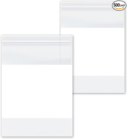 PSBM 500 Count 4 Mil 12 Inch x 15 Inch, White Block Reclosable Poly Bags, With Write-On Block, Clear Zip Plastic Bag, Lock Seal Zipper For Packing, Storing, Organizing & Shipping Products
