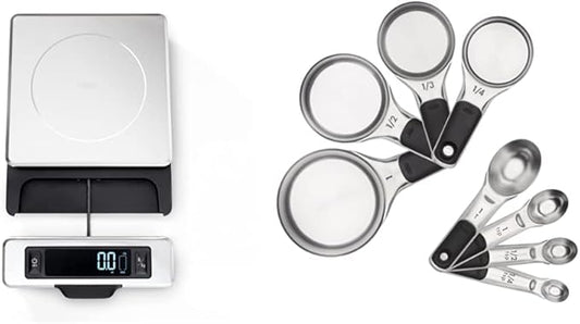OXO Good Grips 11-Pound Stainless Steel Food Scale with Pull-Out Display & Good Grips 8 Piece Stainless Steel Measuring Cups and Spoons Set