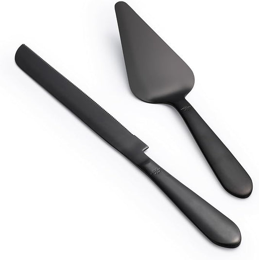 Eisinly Wedding Cake Knife and Server Set, Integral Stainless Steel Longer Cake Cutter and Wider Pie Spatula, Elegant Cake Cutting Serving Set for Party Birthday Bridal Shower Set of 2, Matte Black