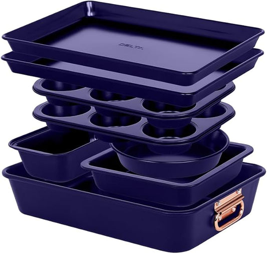 Stackable Nonstick Bakeware Set, 8 Piece Baking Pan Set, Oven Safe Carbon Steel, Includes Cookie Sheet, Muffin Pan, Loaf Pan & Roaster