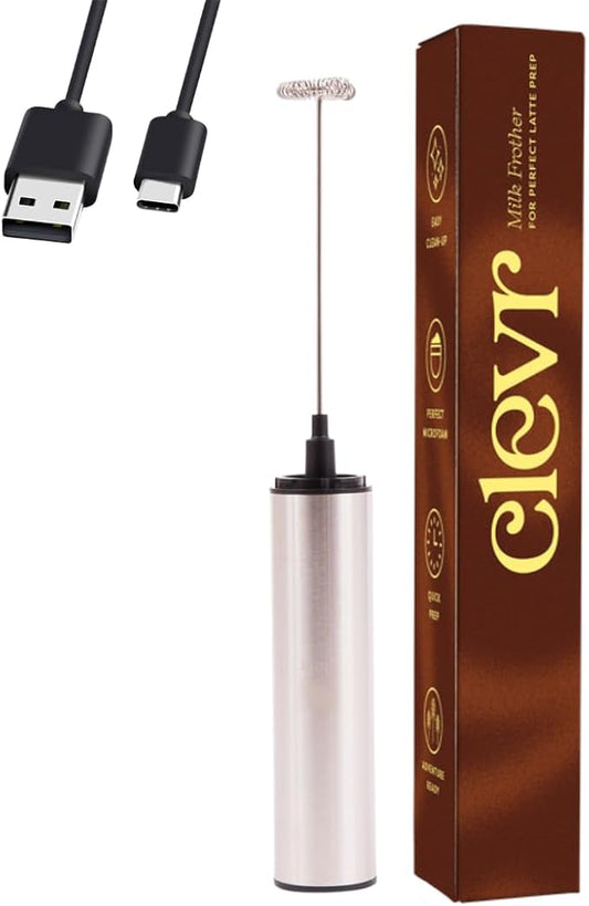 Clevr Milk Frother, Hand Stirrer for Coffee, Matcha, Hot Chocolate, Protein Shake, Latte, Tea, Stainless Steel Rechargeable Handheld Whisk, Fast and Easy Frothing Wand, No Battery Needed