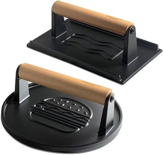 Cast Iron Smash Burger Press (2PCS),Grill Bacon Meat Press Tool,Perfect for Blackstone, Camp Chef, Weber Grills & Indoor Griddles – BBQ & Cookout Must-Have (Round & Rectangle -Grooved)