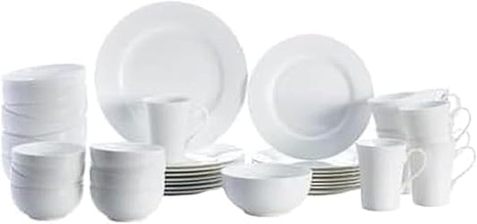Mikasa Delray 40-Piece Bone China Dinnerware Set, White Round Dishes for 8 - Dinner Plates, Salad Plates, Cereal Bowls, Fruit Bowls and Mugs