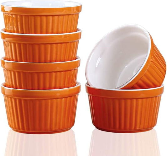 Ramekins 6oz Oven Safe,Creme Brulee Ramekin and Souffle Dishes,Porcelain Baking Bowls,Dipping Sauce Dish.Pudding Cups,Set of 6,Orange