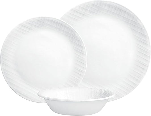 Corelle Dinnerware Set, 12-Piece, Linen Weave, Tempered Glass, Dinner Plates, Side Plates & Bowls, 3X More Durable, Half The Space & Weight of Ceramic, 1146908