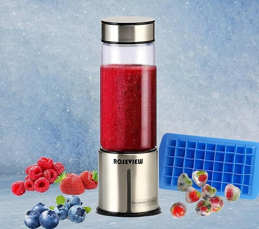 Portable Smoothie blender ROSEVIEW Glass bottle USB rechargeable mini Handheld Ice Shakes Cup 2 speed blend juicer Cordless Personal smoothies maker Fruit mixer (Metallic)