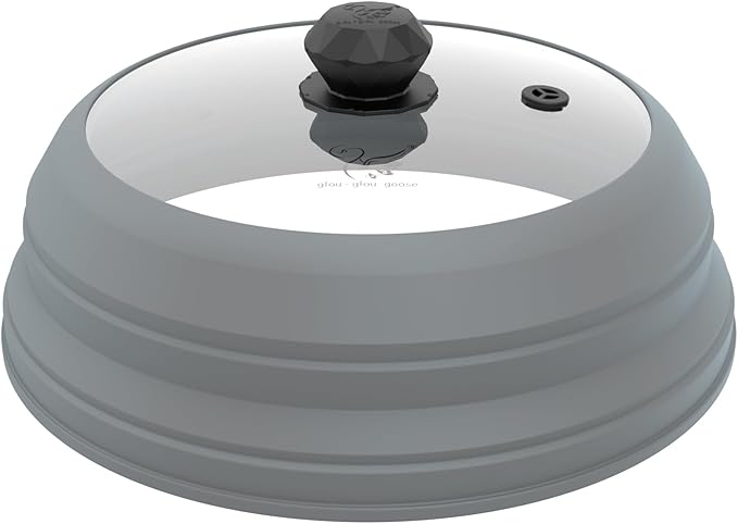 Microwave Splatter Cover Vented Glass Splatter Guard Lid with Collapsible Silicone for Food as Pot Cover 11.8 inch Large Plate for 6 7 8 9 10 11 inch Plate Bowl Light Grey