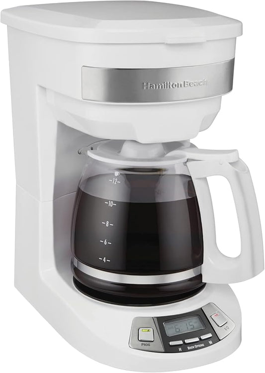 Hamilton Beach 12 Cup Programmable Drip Coffee Maker Machine, Regular & Bold Brew Options, Auto Pause and Pour, Glass Carafe, White (46294J)